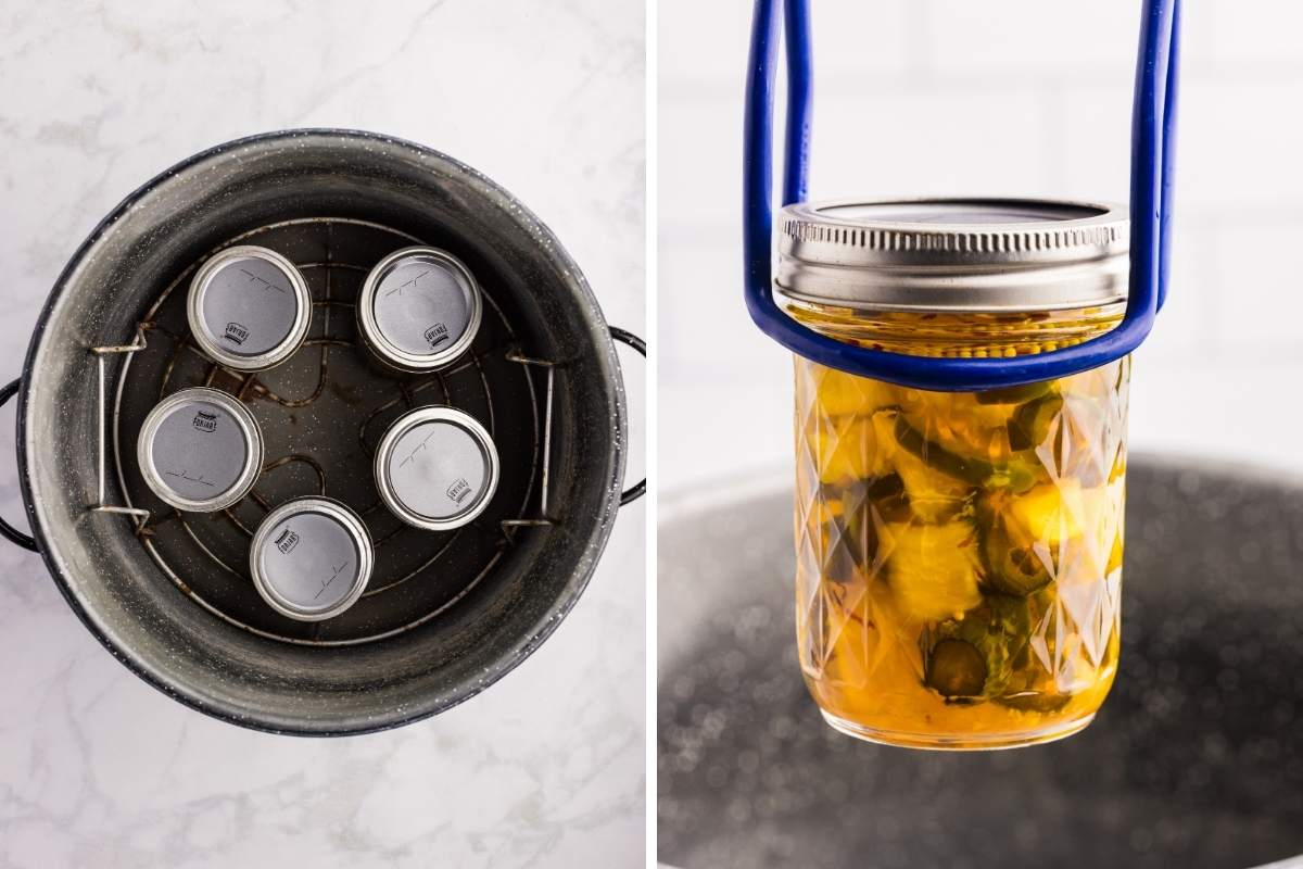  Jars in a water bath canner and one jar lifted out with a jar lifter.
