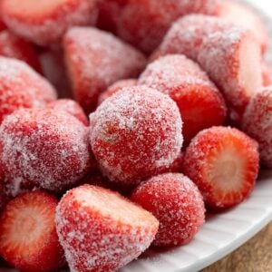 white plate full of final strawberries.