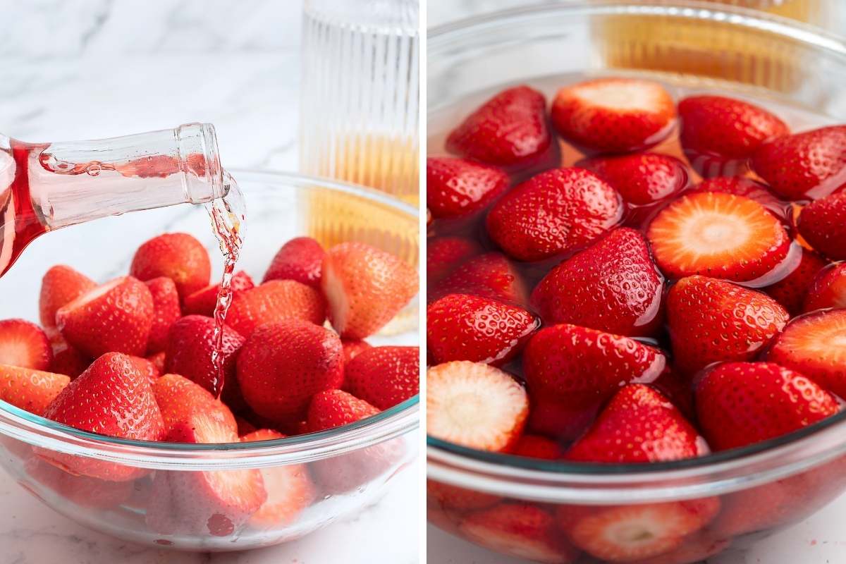 Two photos showing rosé being poured over strawberries in a glass bowl.