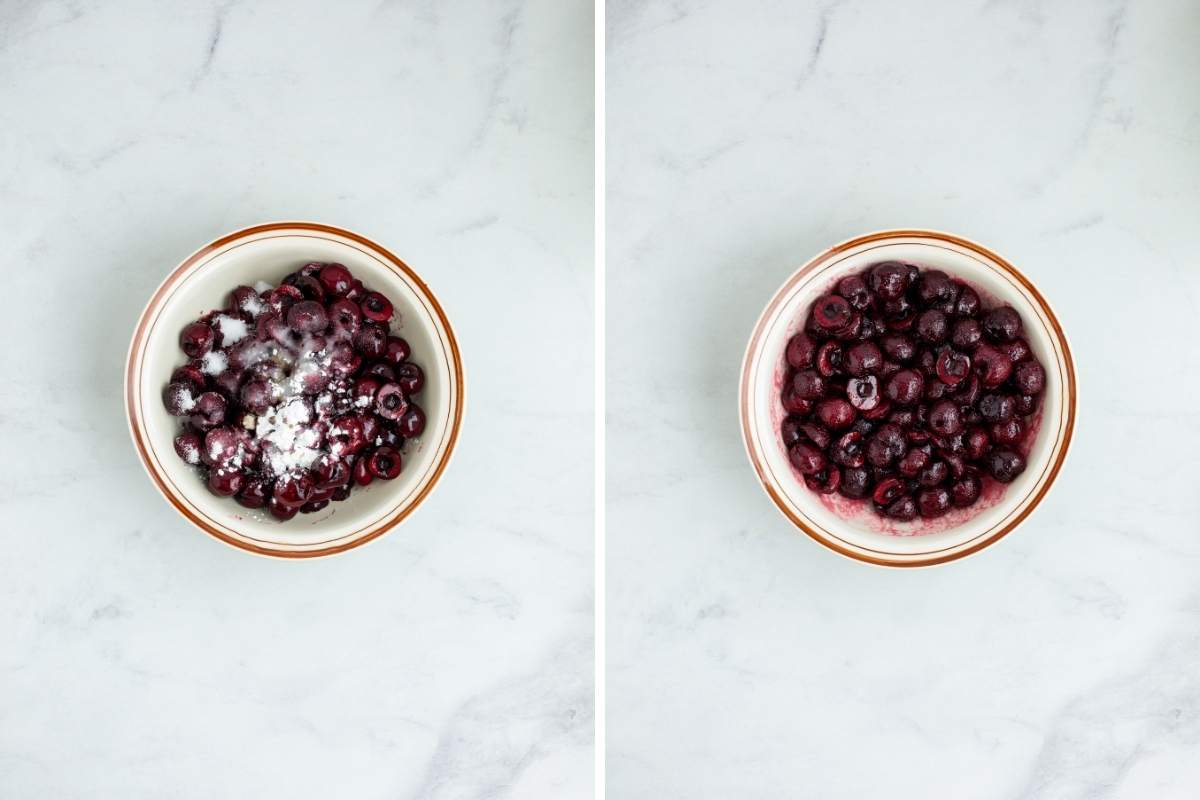 Two photos showing cherries mixed with sugar and cornstarch in a bowl.