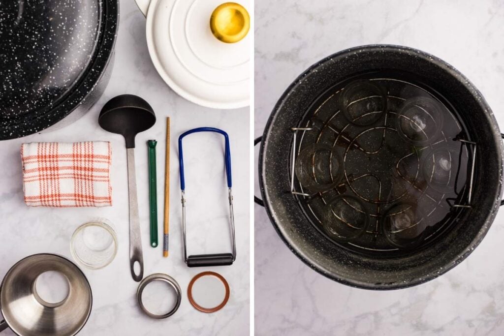 Canning tools laid out on a counter and empty jars in a water bath canner.

