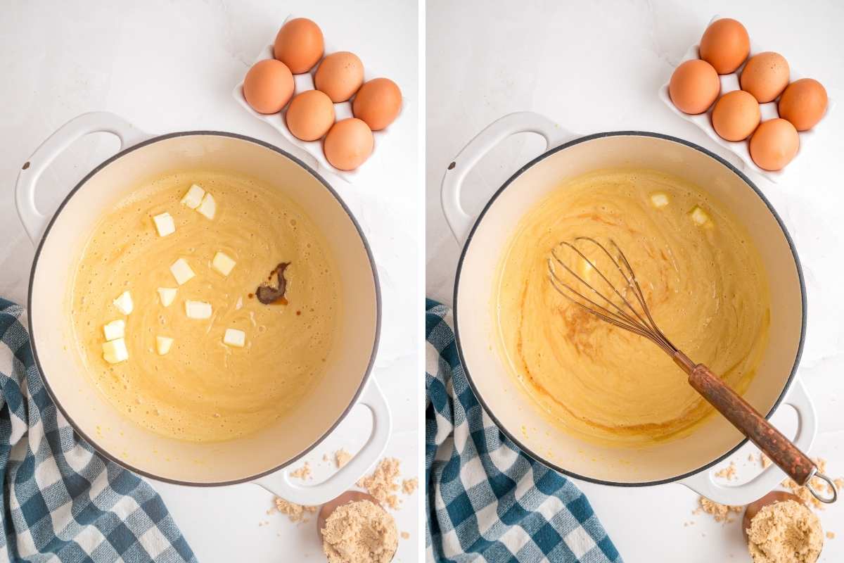 Cubed butter and vanilla added to the thickened pudding and whisked until smooth.