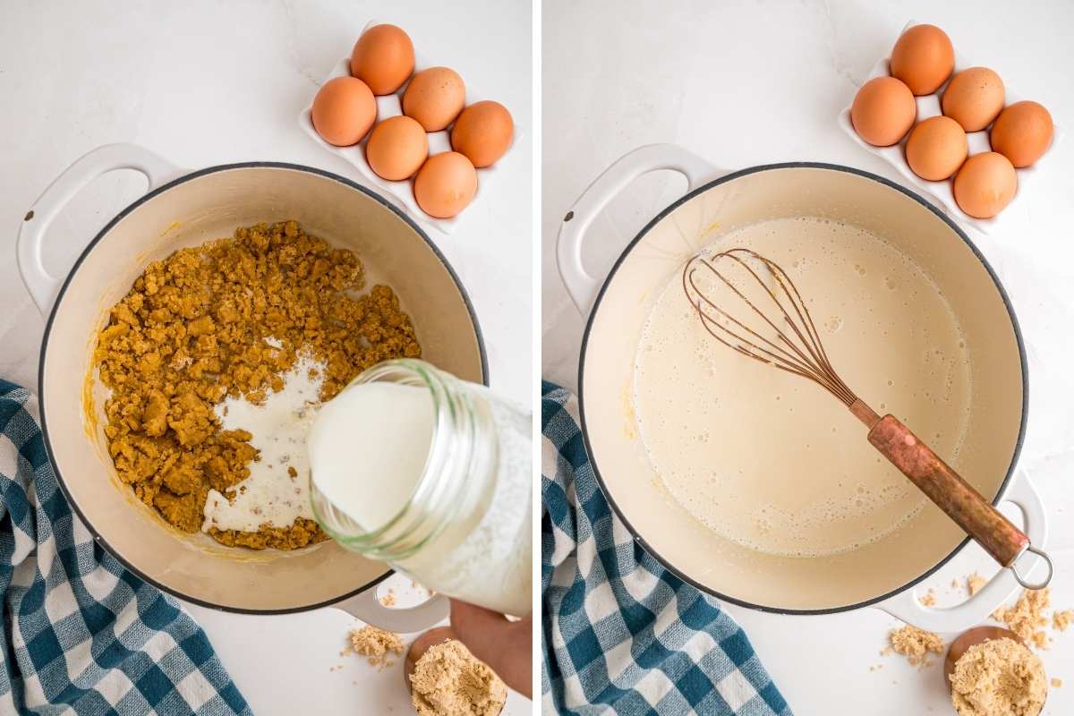 Milk being poured into a saucepan with the yolk mixture, then whisked until smooth.