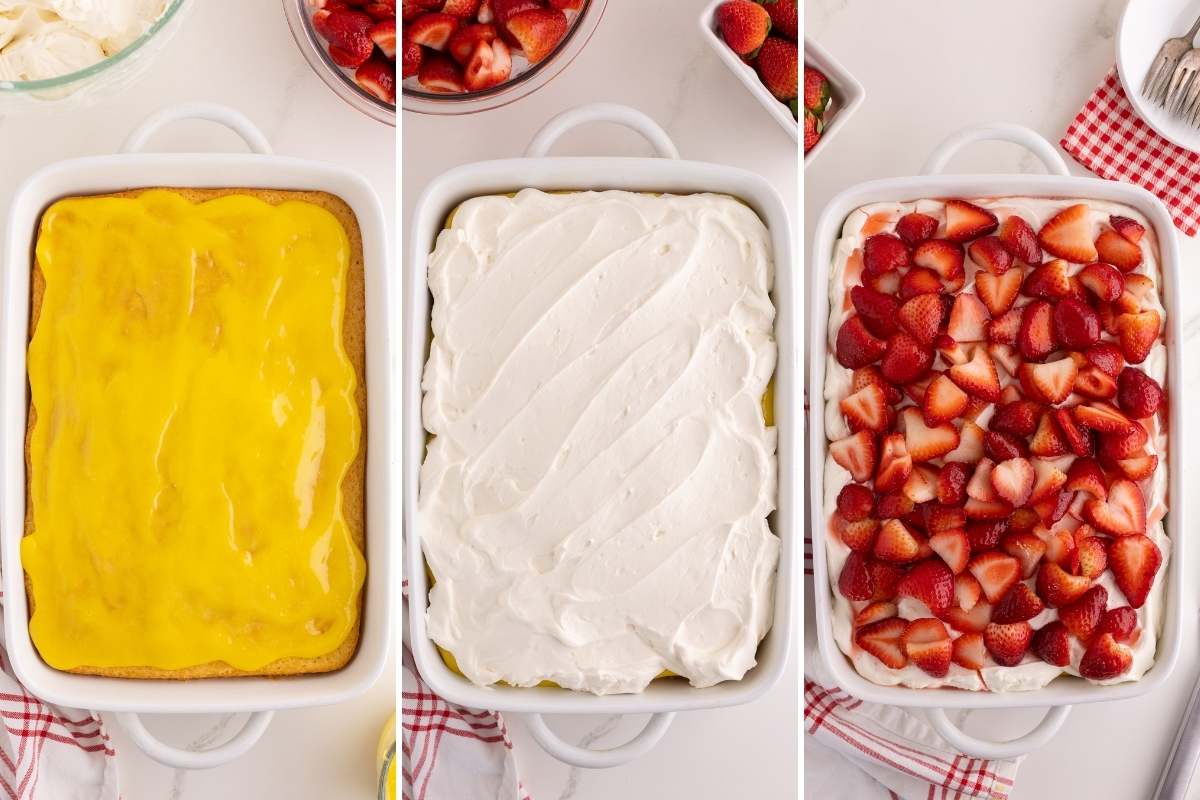 Three steps of cake assembly with lemon curd, frosting, and sliced strawberries.