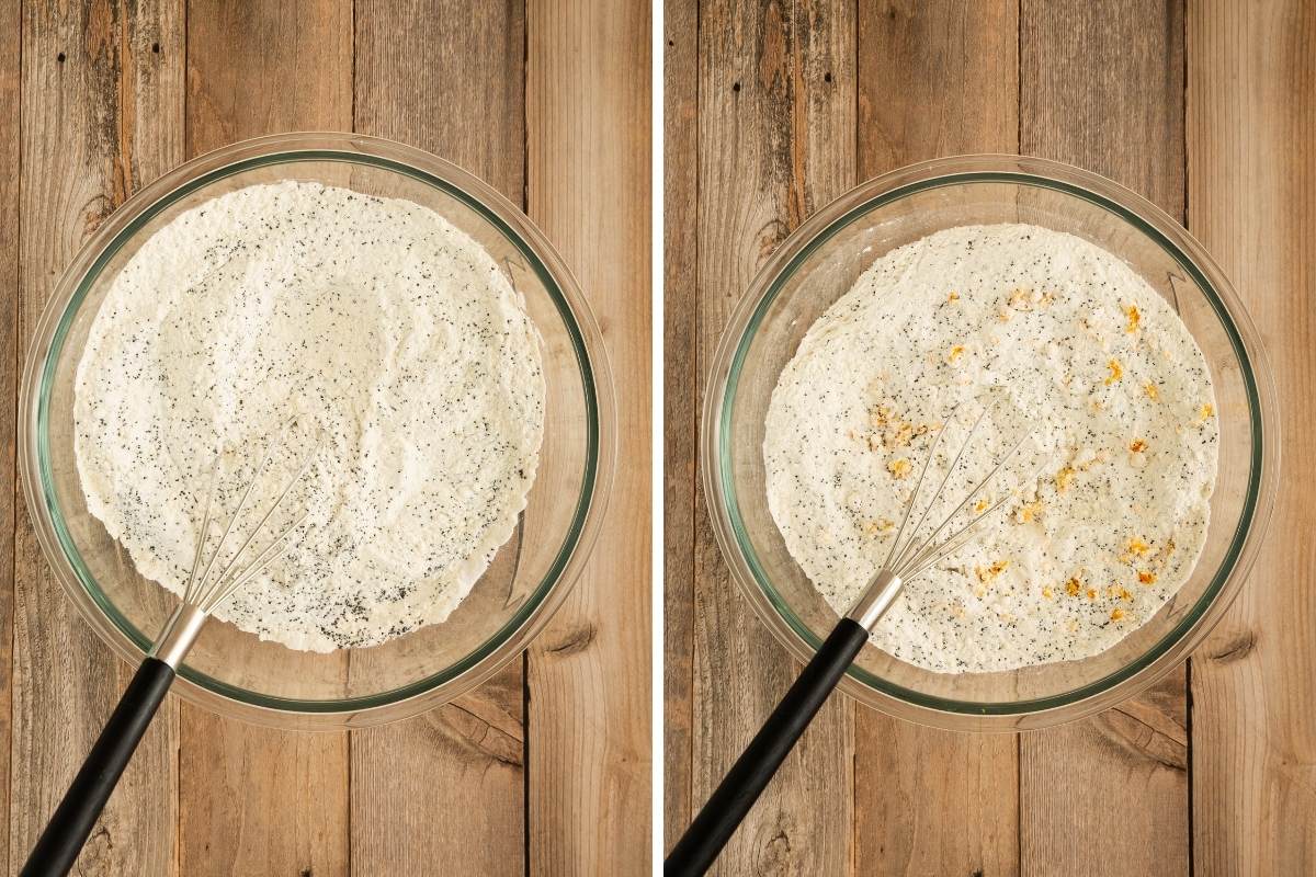 Two bowls of flour mixture with poppy seeds, one with orange zest added.