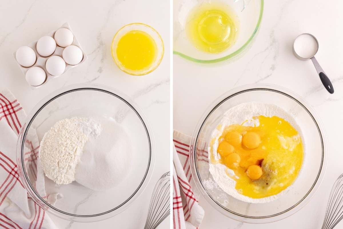 Two photos showing dry ingredients in one bowl and wet ingredients in another.