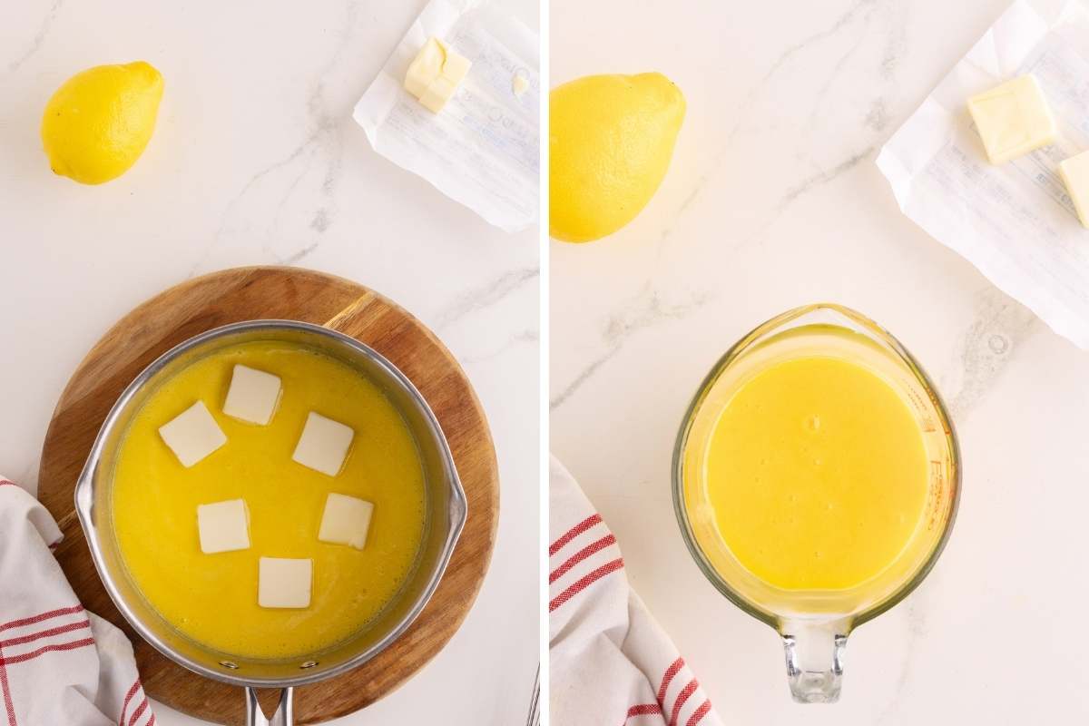 Lemon curd with butter pieces in a pan and strained into a glass jar.