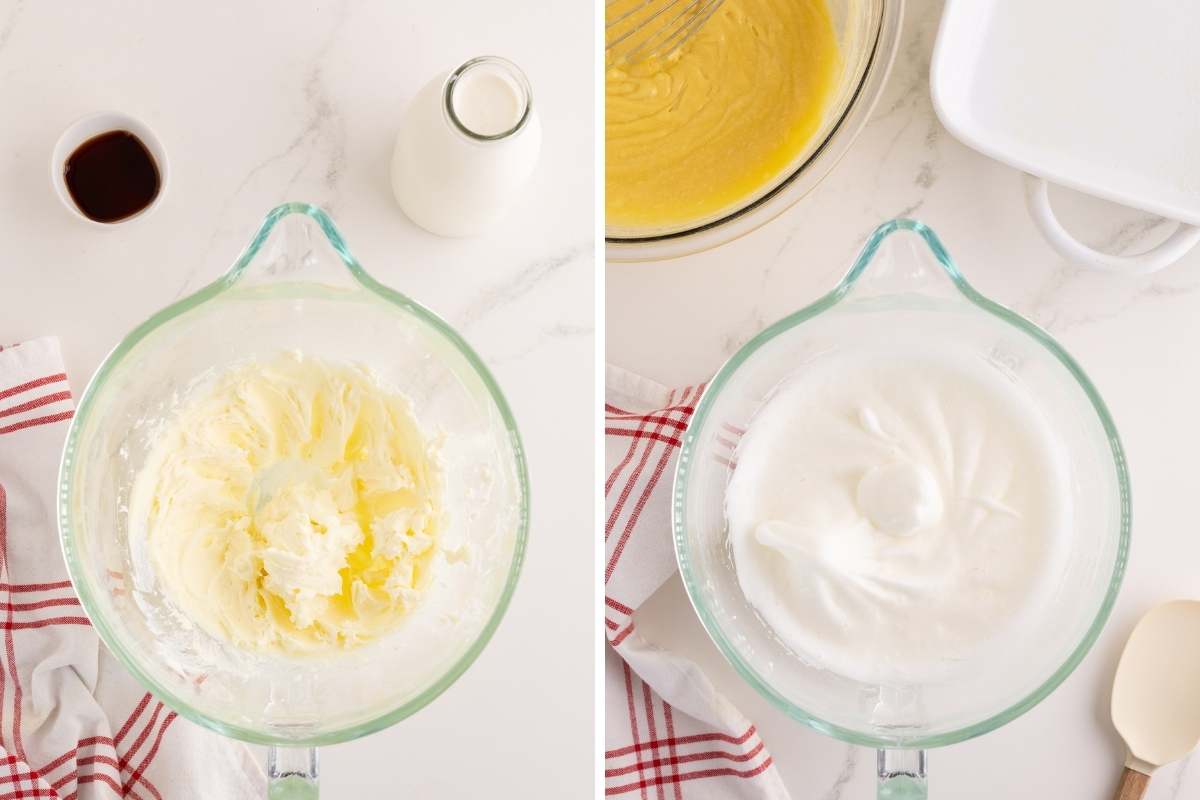 Mascarpone mixture in a stand mixer and finished whipped cream frosting.