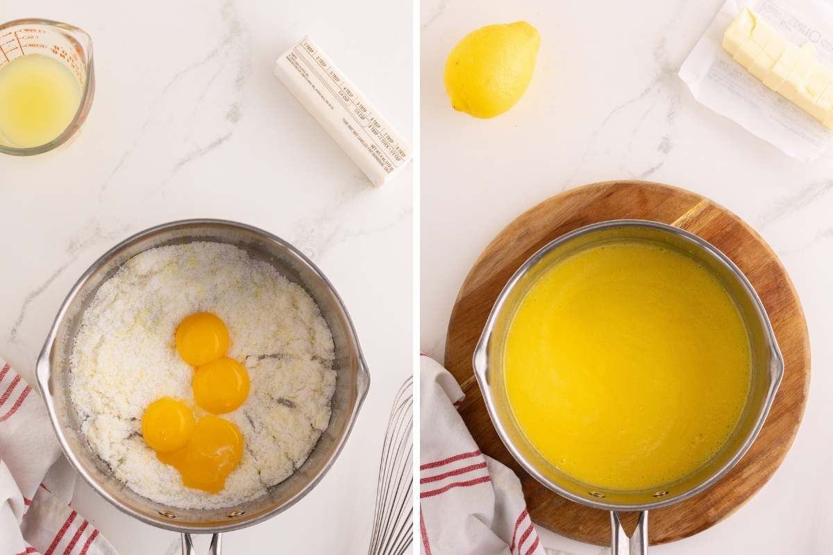 Egg yolks and sugar in a saucepan next to finished lemon curd in a bowl.