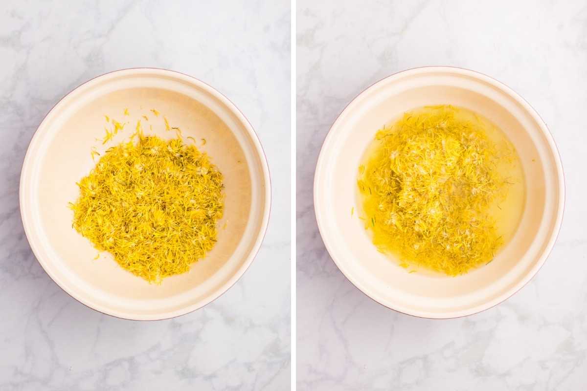 Sealed jars of dandelion jelly cooling on an orange cloth with a jar lifter and dandelion flowers.