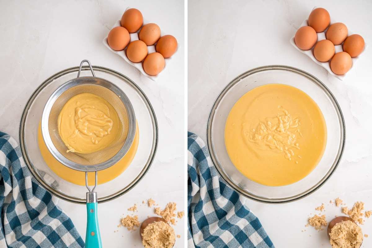 Pudding being poured through a fine-mesh sieve into a glass bowl.