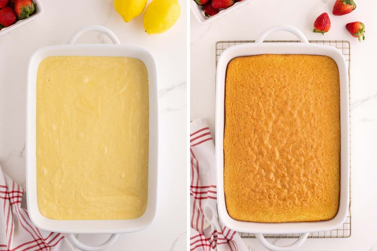 Cake batter in a pan before baking and golden baked cake on a wire rack.