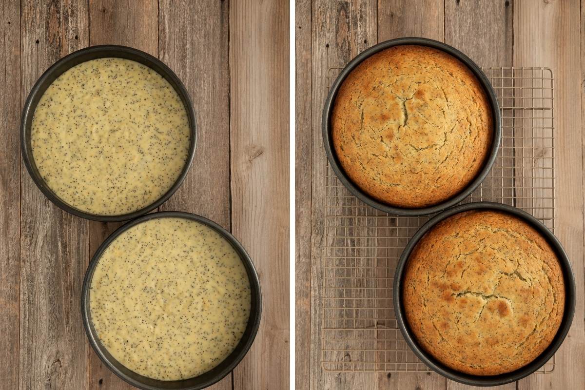 Two round cake pans with batter and baked golden cake layers.