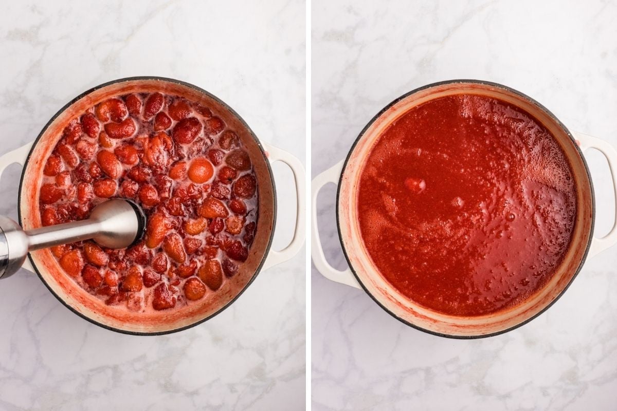 Two pots side by side showing strawberry mixture before and after blending.
