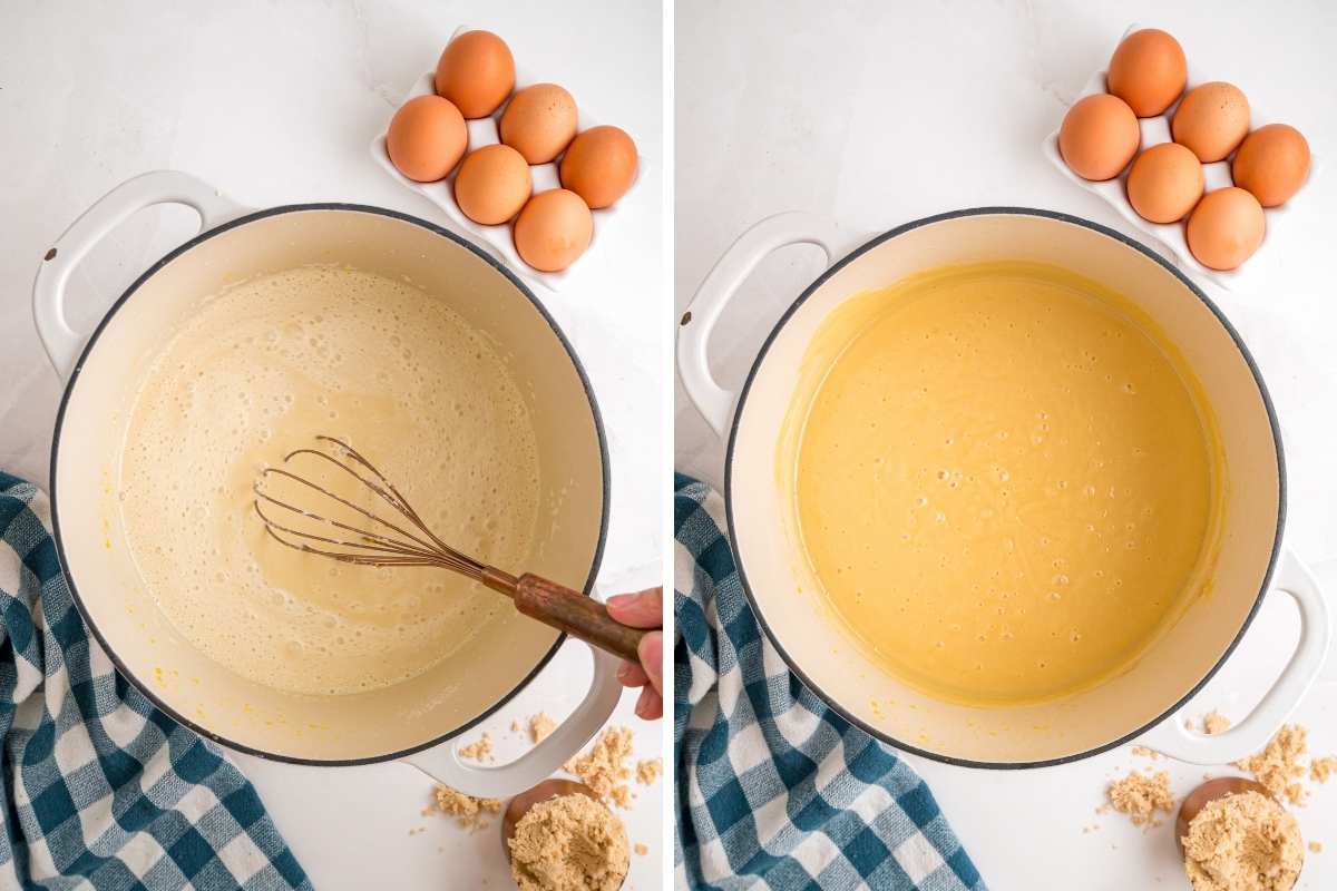 Pudding mixture being whisked in a saucepan as it cooks and thickens.