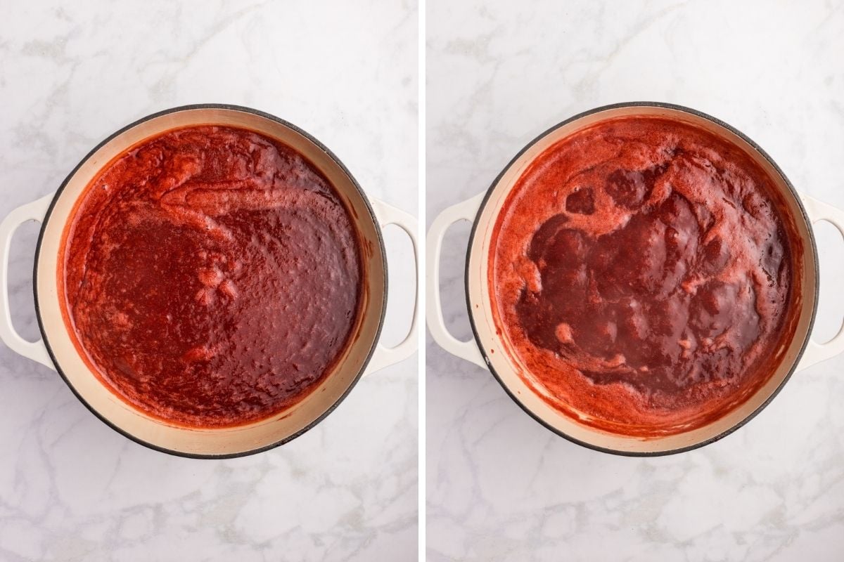Two pots showing strawberry butter at early and late stages of cooking down.
