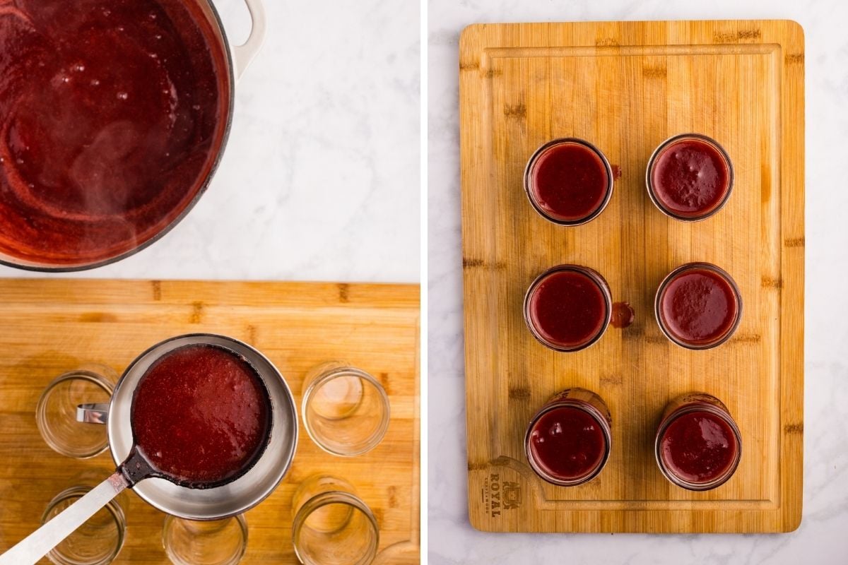 Ladling strawberry butter into jars and six filled jars on a cutting board.