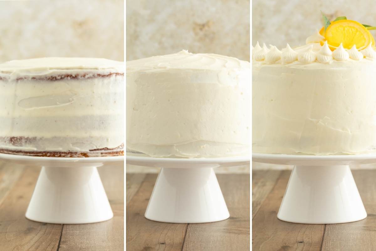 Three stages of frosting a layered cake on a white cake stand.