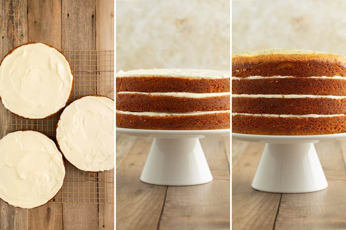 Cake layers with frosting and stacked on a cake stand.