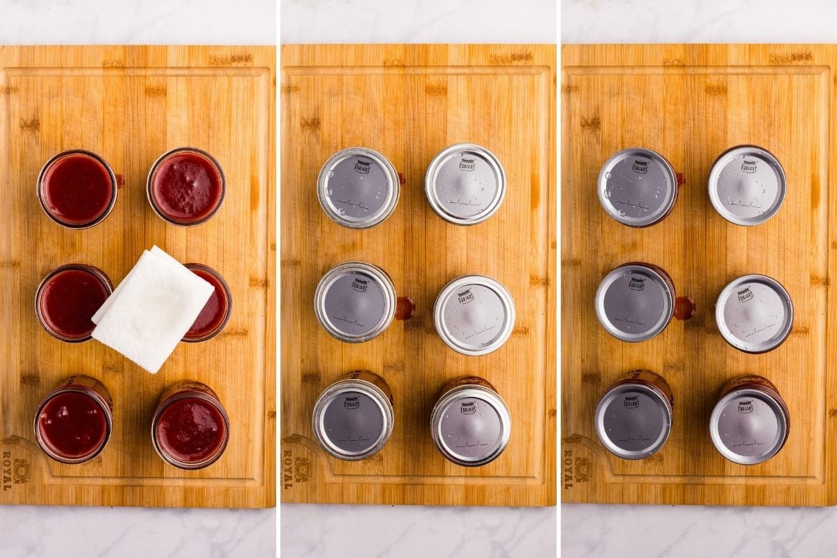 Three views showing wiping jar rims, adding lids, and screwing on rings.