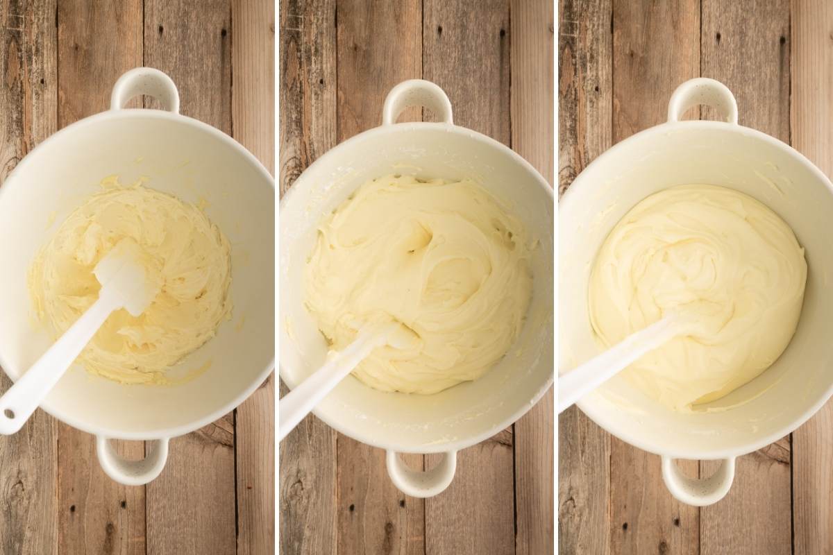 Three bowls showing frosting being mixed at different stages.