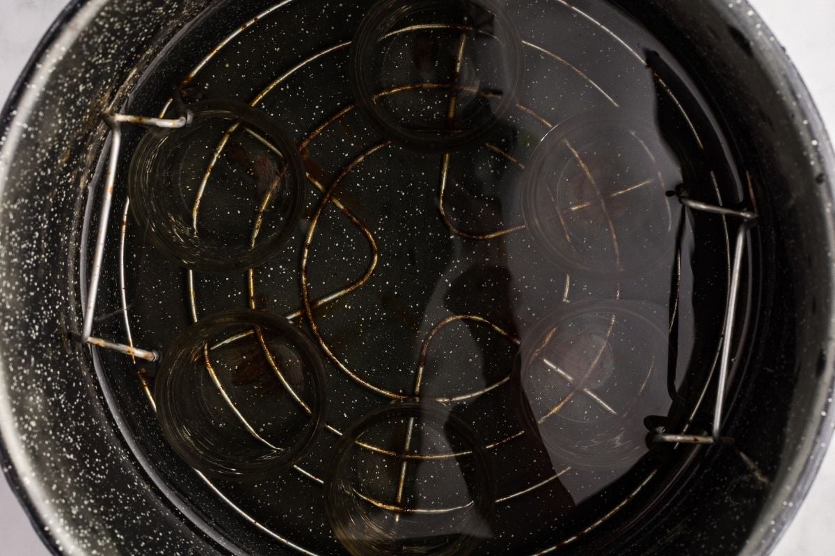 Glass jars sitting on a rack inside a water bath canner seen from above.