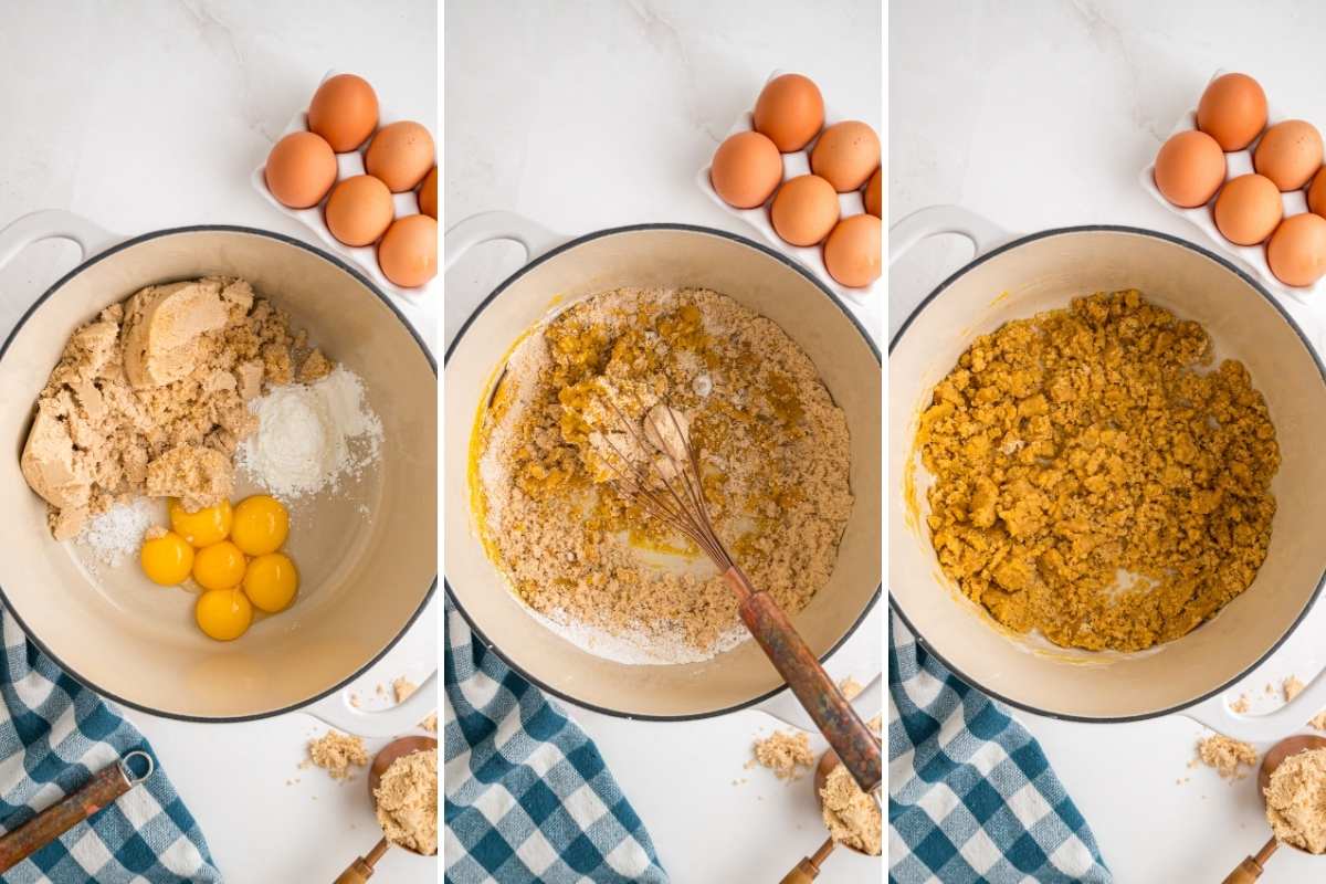 Egg yolks, brown sugar, cornstarch, and salt being whisked in a saucepan.