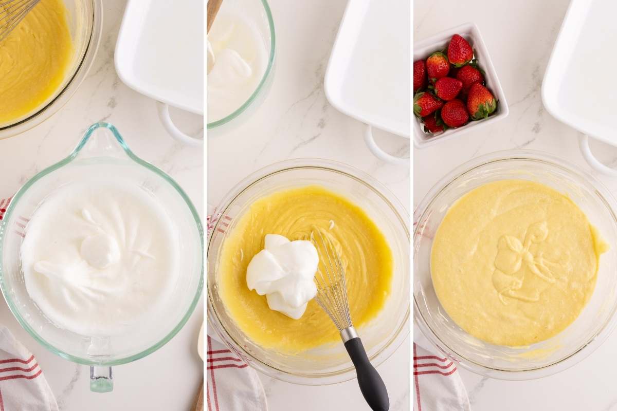 Three photos showing whipped egg whites being folded into cake batter.
