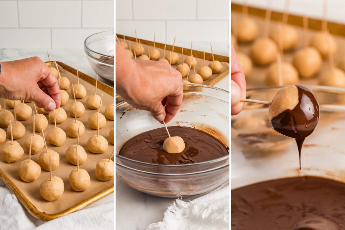 Buckeye balls being dipped into melted chocolate with a toothpick.