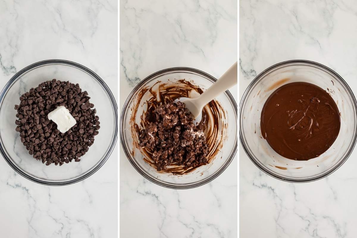 Chocolate chips and shortening in a bowl, then melted until smooth.