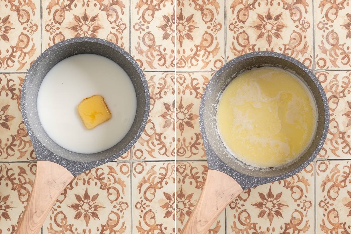 Two saucepans overhead, one with cold milk and butter, one with warm melted liquid.