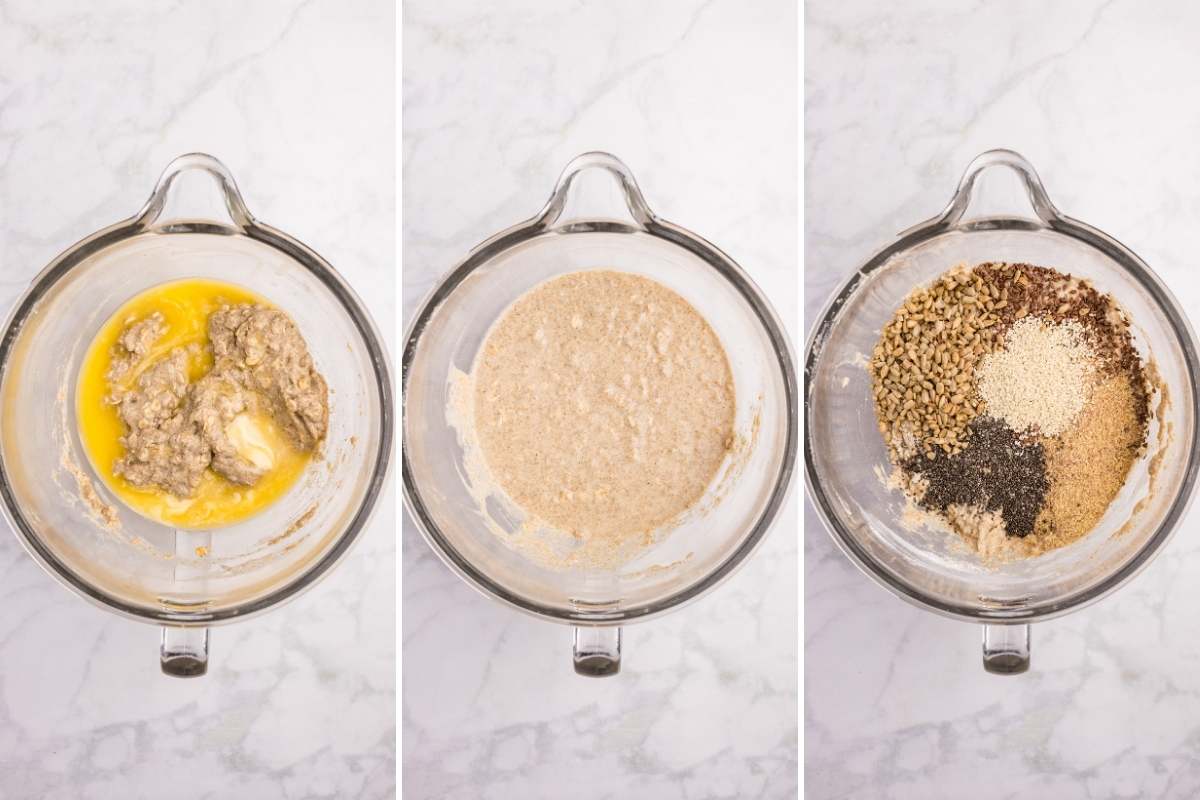 A glass mixing bowl showing dough, melted butter, and seeds being combined.