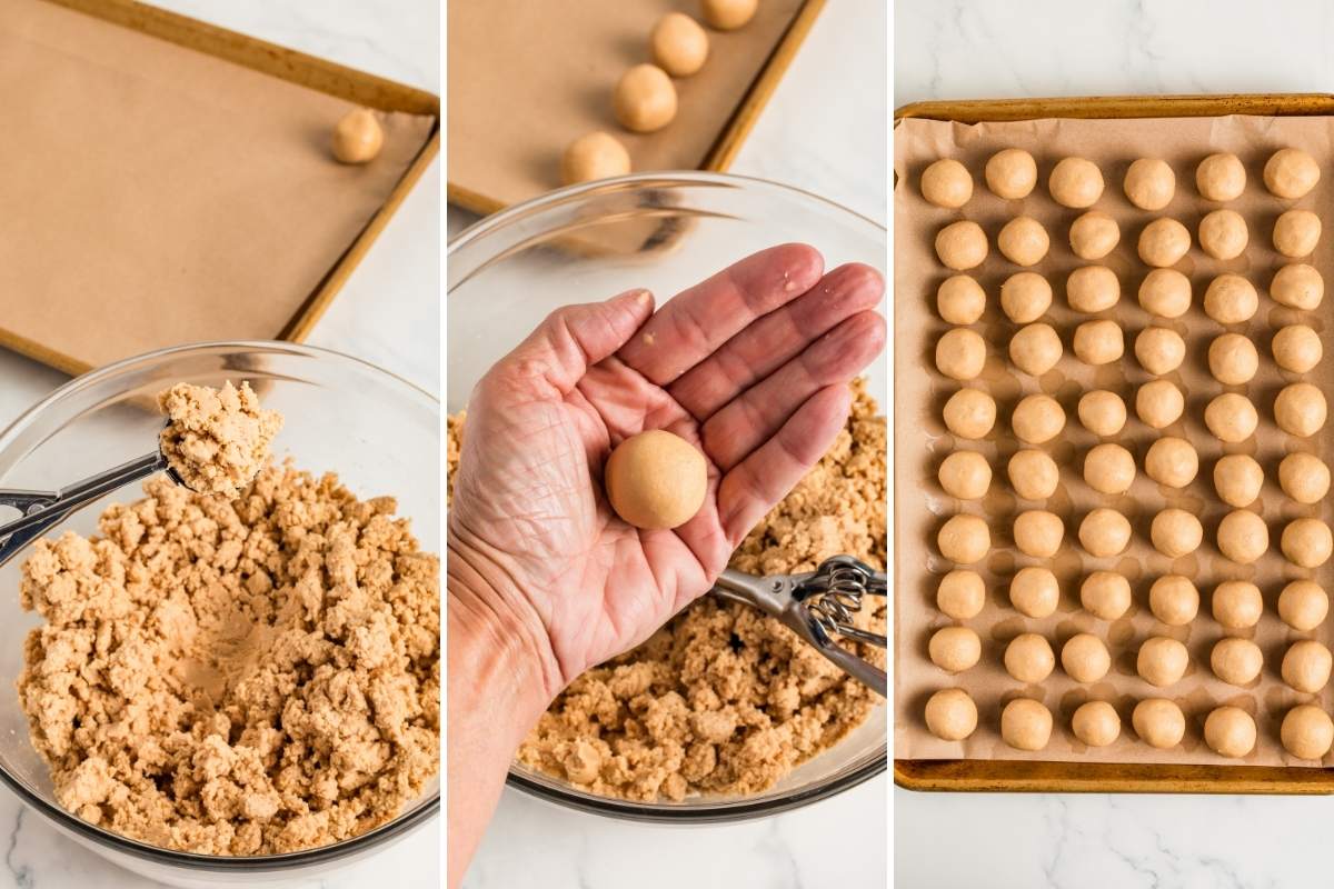 Peanut butter mixture rolled into balls and placed on a baking sheet.
