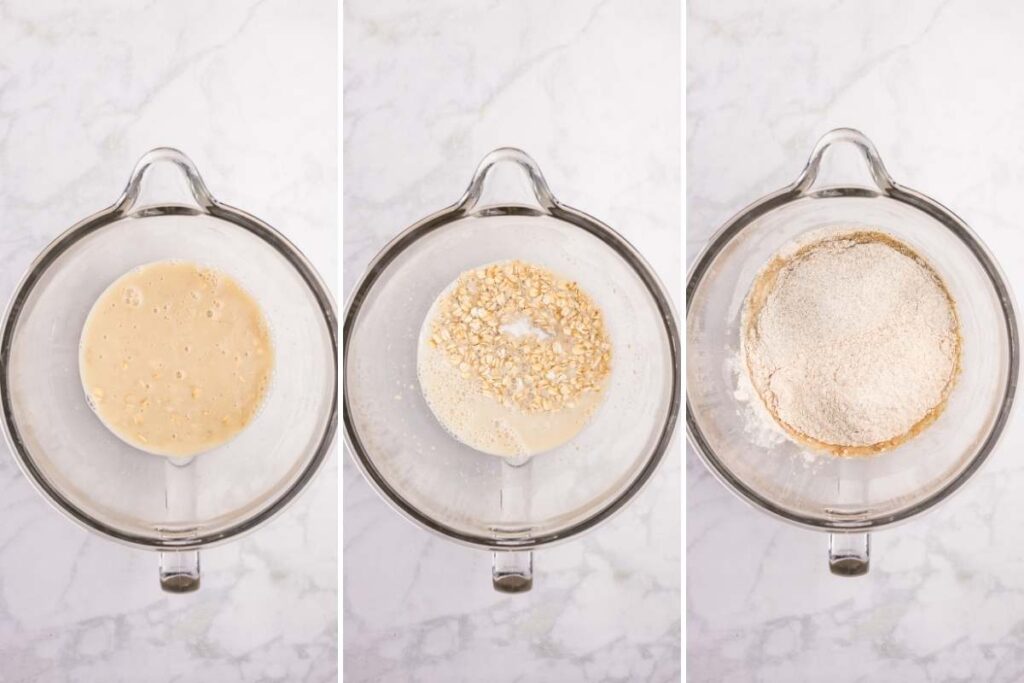 A glass mixing bowl with liquid, oats, and flour added in stages.