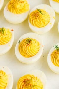overhead view plated deviled eggs.