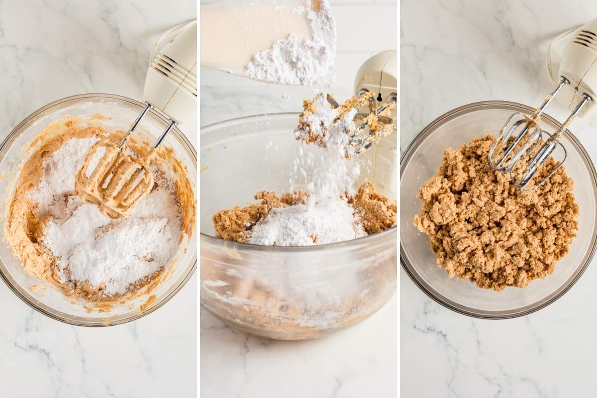 Powdered sugar added to the peanut butter mixture in a bowl.