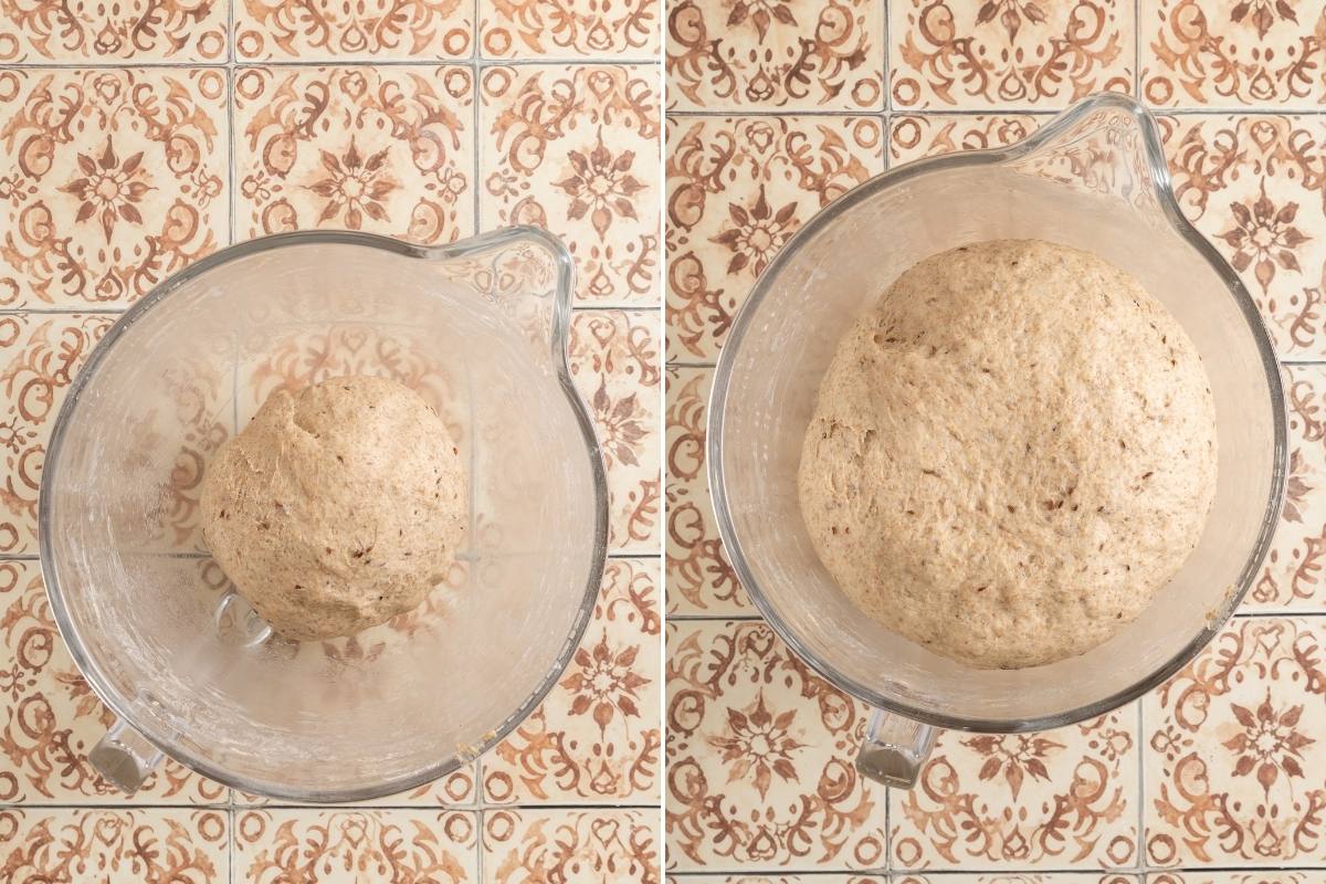 Two glass bowls overhead showing a small dough ball before rising and a doubled dough ball after.