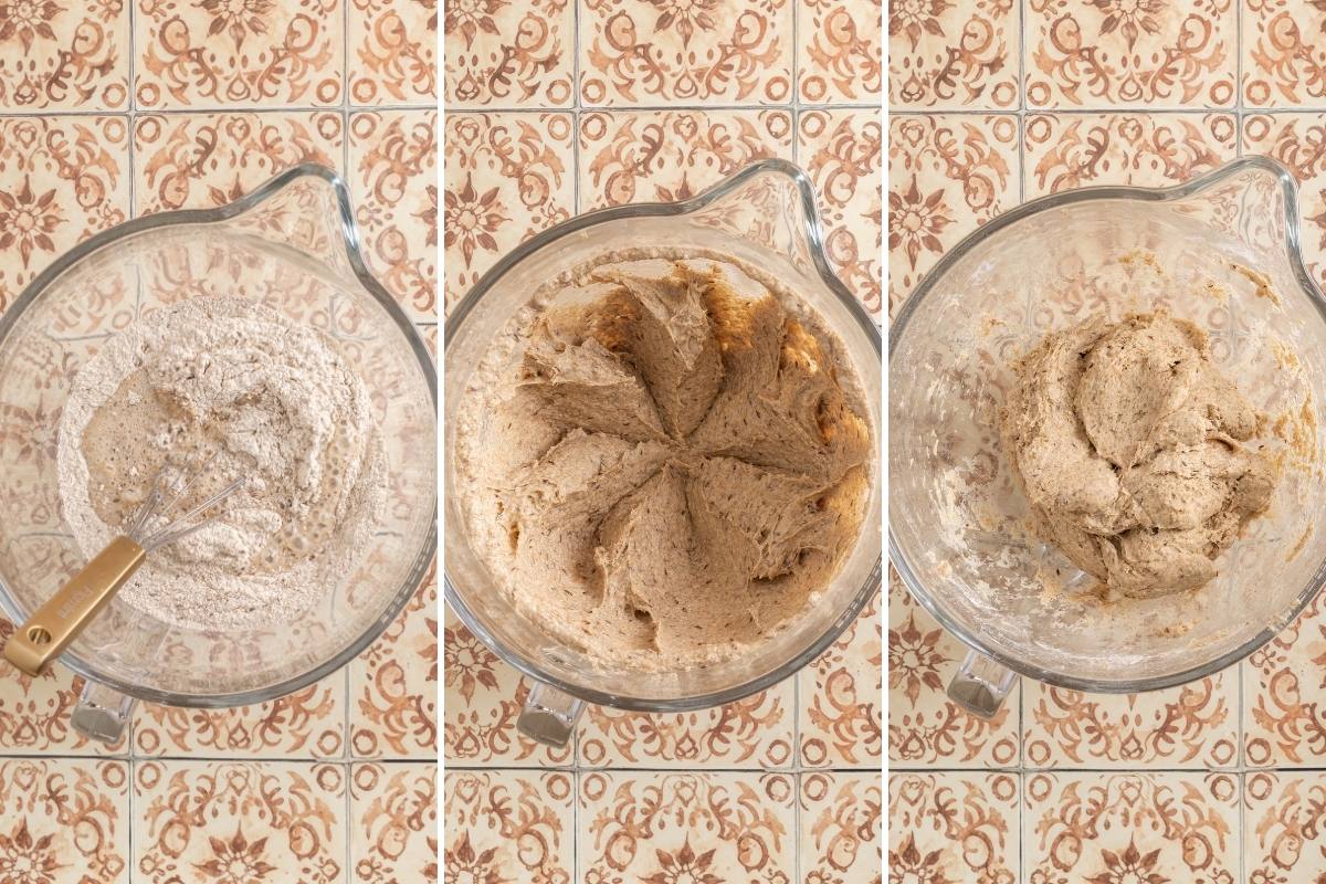 Three-panel overhead view of a glass bowl showing dry flour, then wet ingredients added, then mixed dough.