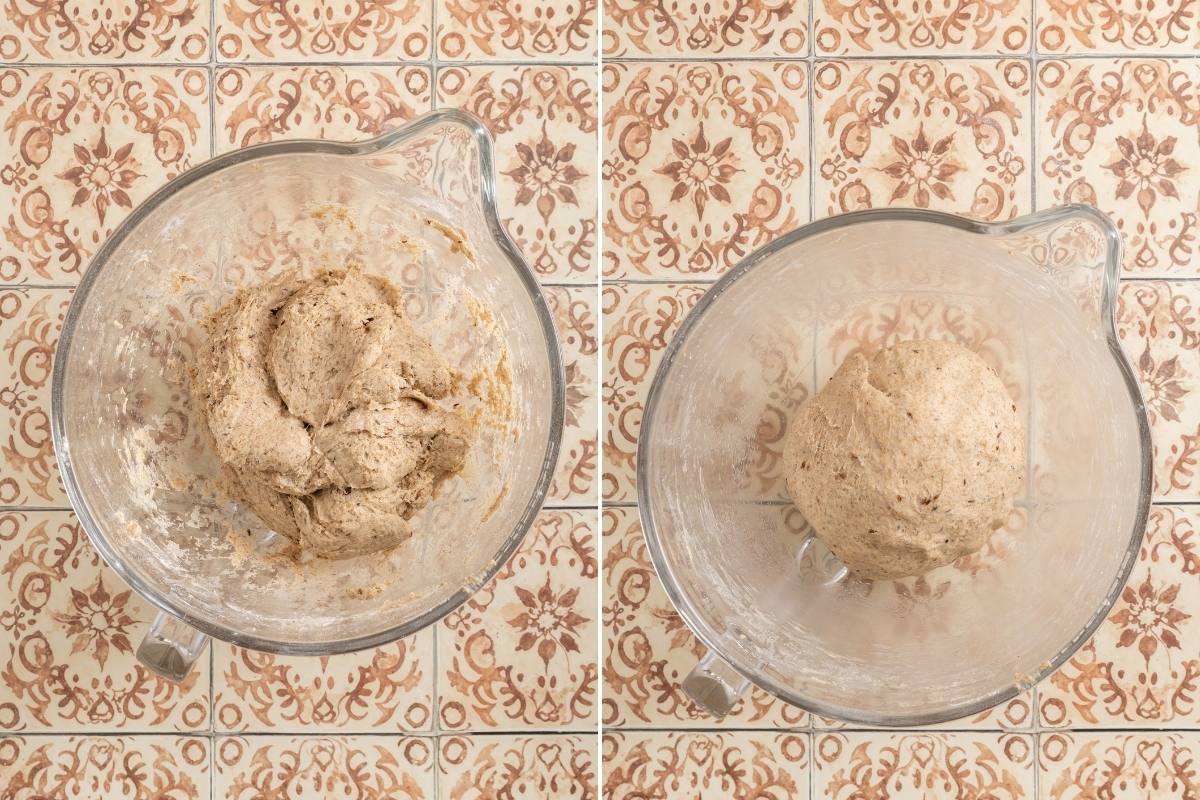 Two glass bowls overhead showing rough shaggy dough on the left and smooth kneaded dough on the right.
