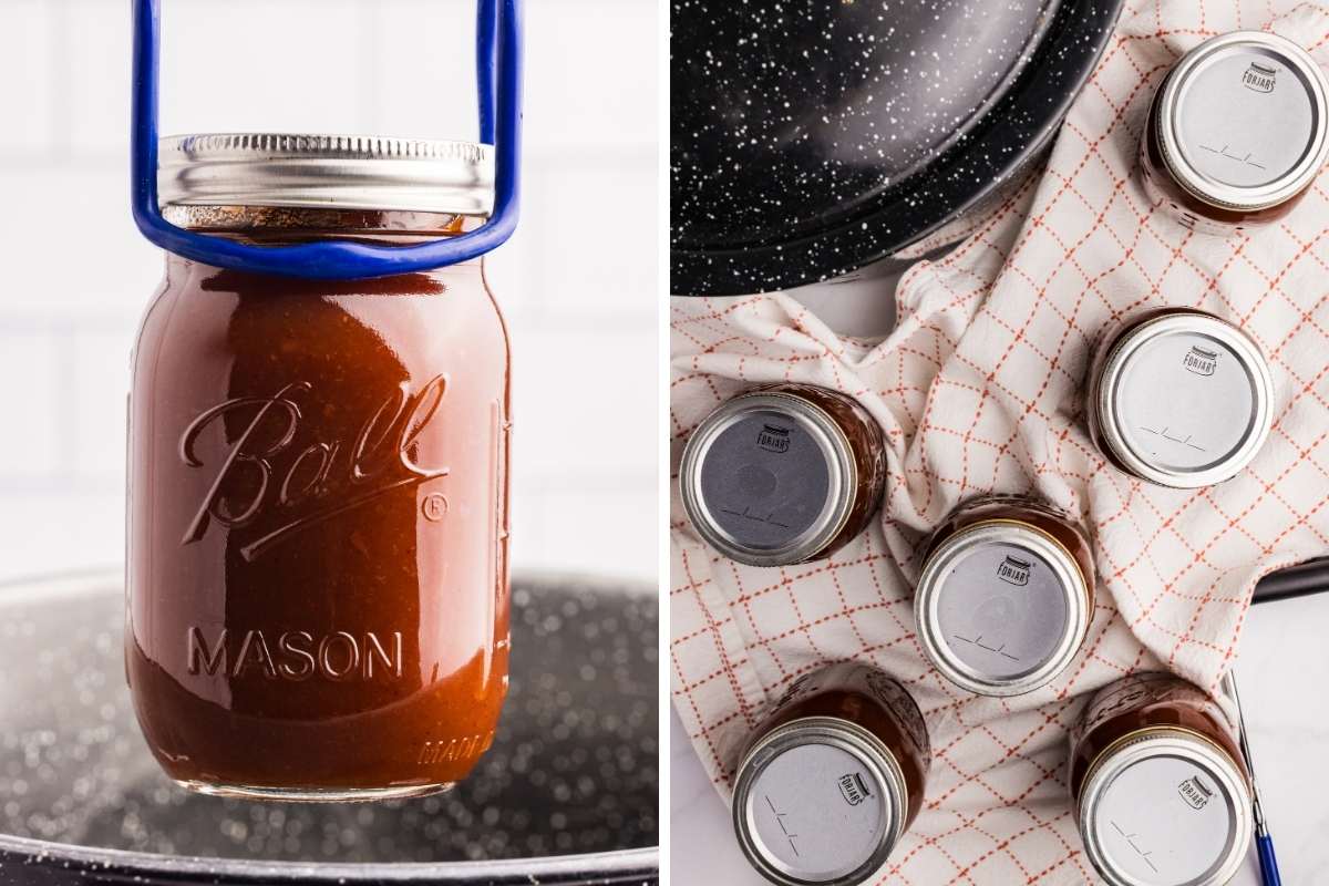 Jar of apple butter barbecue sauce in a canner and sealed jars cooling on a towel.