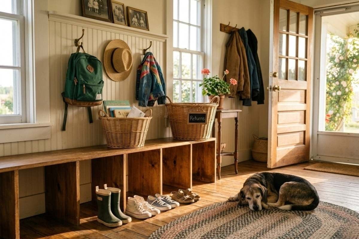 farmhouse mudroom with wooden cubbies, baskets, and a dog resting on a rug.