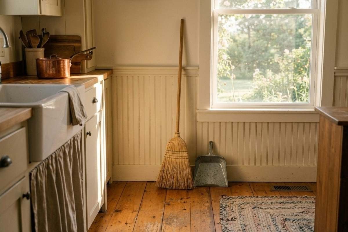 farmhouse kitchen sink with broom, dustpan, and copper pots on counter near a window.