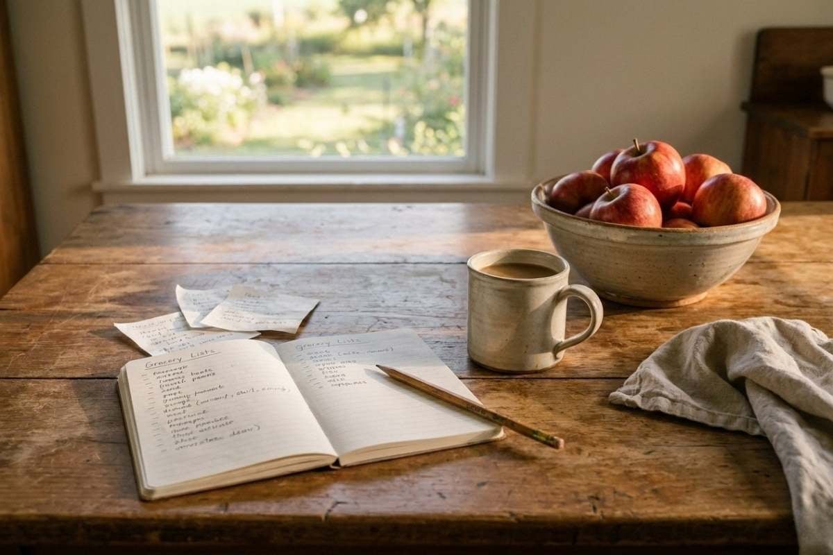 wooden table with bowl of apples, coffee mug, and handwritten notes near a window.