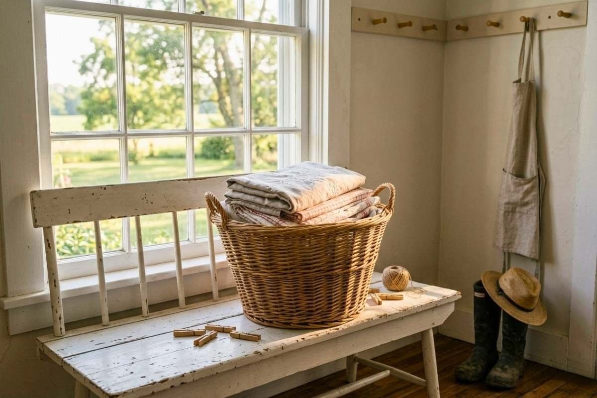 white bench with wicker basket of folded blankets near a window in a laundry room.