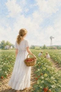 watercolor of woma in strawberry fields