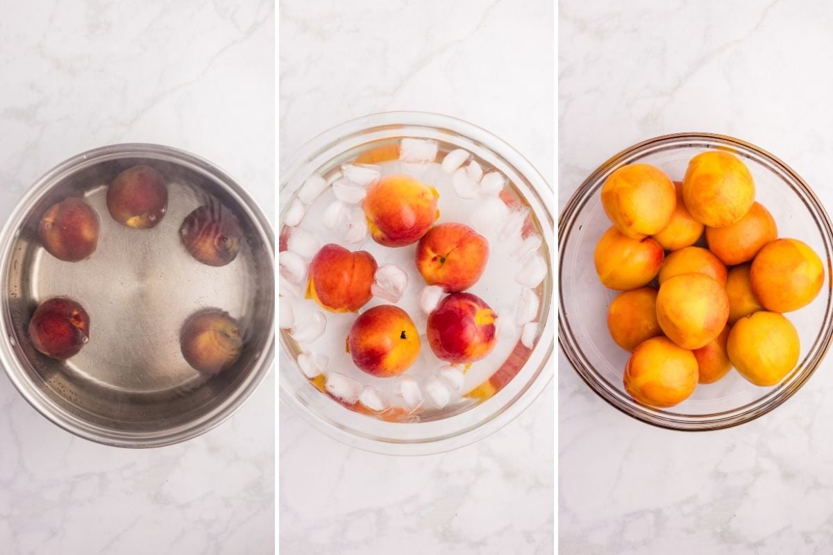 A process of boiling, chilling, and peeling peaches