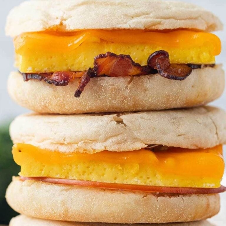 Stacked breakfast sandwich on English muffins 