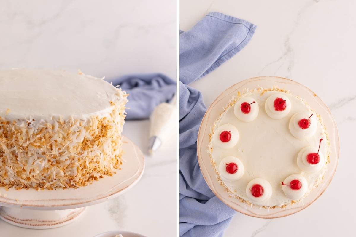 Coconut-coated cake on a stand beside an overhead view topped with white frosting swirls and maraschino cherries.
