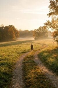 woman walking down country path.