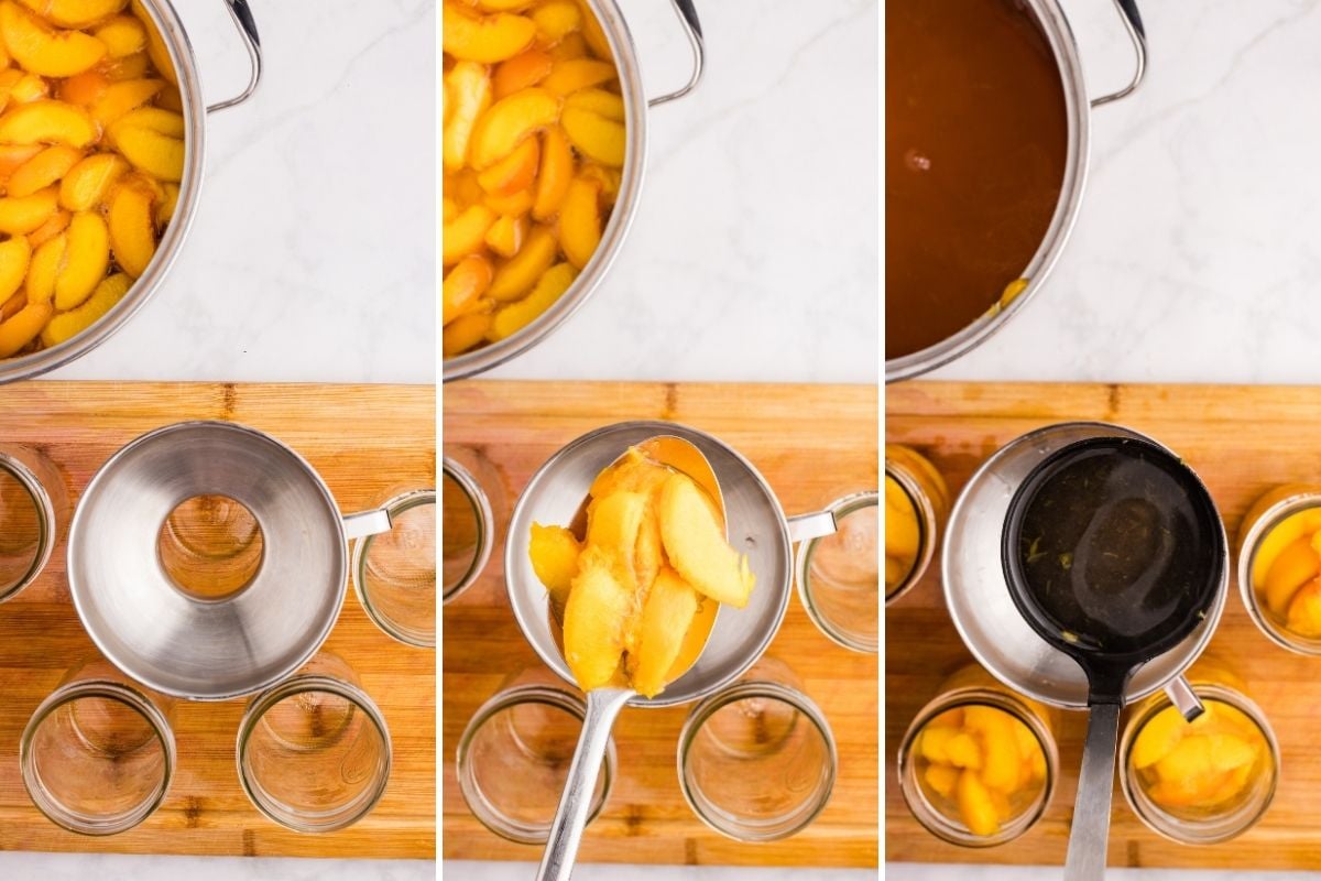 steps of filling jars with peach and syrup